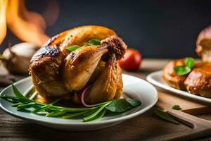 un' arrostito pollo su un' piatto con verdure. ai-generato foto