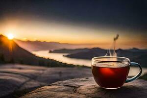 un' tazza di tè su un' roccia prospiciente un' lago. ai-generato foto