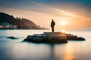 un' uomo in piedi su un' roccia nel il oceano a tramonto. ai-generato foto