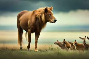 un' cavallo e alcuni piccolo animali nel un' campo. ai-generato foto