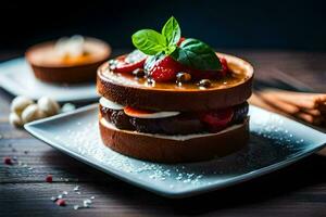 un' cioccolato torta con fragole e menta. ai-generato foto