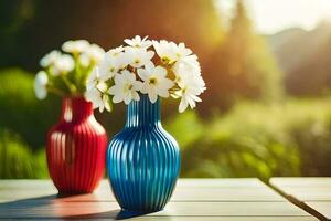 Due vasi con fiori su un' di legno tavolo. ai-generato foto