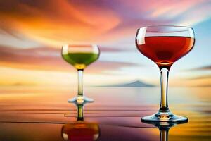 Due bicchieri di vino su il spiaggia con un' tramonto nel il sfondo. ai-generato foto