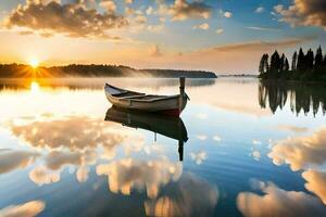 un' barca è galleggiante su un' calma lago a tramonto. ai-generato foto