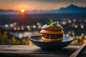 un' hamburger su un' piatto con un' tramonto nel il sfondo. ai-generato foto