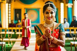 un' bellissimo sposa nel tradizionale indiano abbigliamento. ai-generato foto