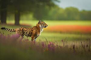 un' leopardo è a piedi attraverso un' campo di fiori. ai-generato foto