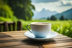 un' tazza di caffè su un' di legno tavolo nel il montagne. ai-generato foto