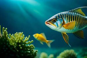 pesce nel il oceano con corallo e anemoni. ai-generato foto