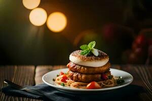 un' pila di cibo su un' piatto con un' forchetta. ai-generato foto