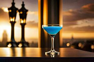 un' blu cocktail si siede su un' tavolo nel davanti di un' città orizzonte. ai-generato foto