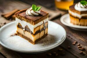 un' fetta di torta con frustato crema e cannella. ai-generato foto