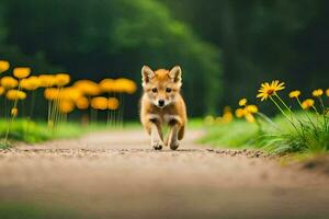 un' Volpe in esecuzione lungo un' sporco strada con giallo fiori. ai-generato foto