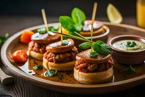 piccolo panini con carne e verdure su un' di legno piatto. ai-generato foto