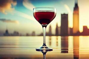 un' bicchiere di rosso vino su un' tavolo nel davanti di un' città orizzonte. ai-generato foto