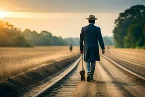 un' uomo nel un' completo da uomo e cappello a piedi su un' Ferrovia traccia. ai-generato foto