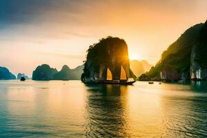 il sole imposta al di sopra di il acqua nel halong baia, Vietnam. ai-generato foto