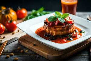 un' piatto di cibo con pomodori e carne. ai-generato foto