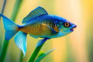 un' pesce con luminosa blu e giallo colori. ai-generato foto