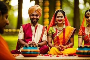 indiano nozze coppia seduta su il terra con loro famiglia. ai-generato foto