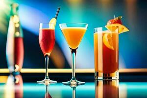 tre diverso tipi di cocktail su un' sbarra. ai-generato foto