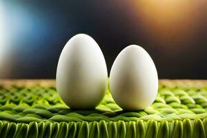 Due bianca uova su un' verde stuoia. ai-generato foto