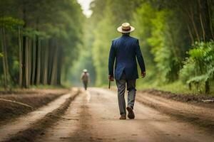 un' uomo nel un' completo da uomo e cappello a piedi giù un' sporco strada. ai-generato foto