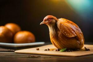 un' pollo è seduta su un' taglio tavola. ai-generato foto