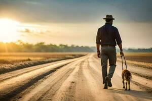 un' uomo a piedi il suo cane giù un' sporco strada. ai-generato foto