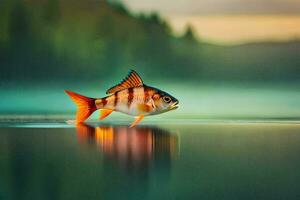 un' pesce è in piedi su il acqua con un' nebbioso sfondo. ai-generato foto