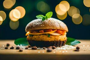 un' Hamburger con formaggio e verdure su un' di legno tavolo. ai-generato foto