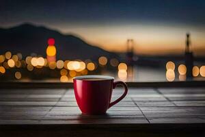 un' rosso caffè tazza si siede su un' tavolo nel davanti di un' città a notte. ai-generato foto