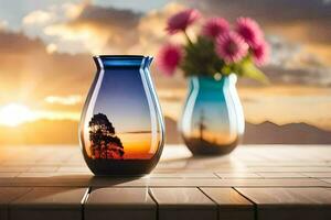 Due vasi con fiori su un' tavolo con un' tramonto nel il sfondo. ai-generato foto