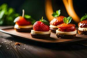 piccolo dolci con fragole e crema su un' di legno vassoio. ai-generato foto