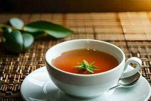 un' tazza di tè con un' rametto di menta. ai-generato foto