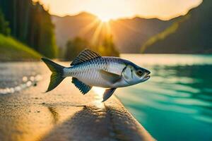 un' pesce è in piedi su un' bacino a tramonto. ai-generato foto