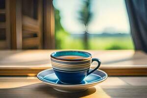 un' tazza di tè si siede su un' piattino su un' di legno tavolo. ai-generato foto