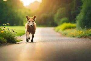 un' cane a piedi giù un' strada nel il tramonto. ai-generato foto