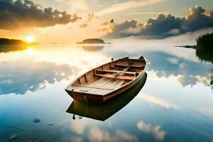 un' barca galleggiante su il calma acqua a tramonto. ai-generato foto