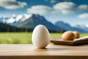 uovo su un' tavolo con montagne nel il sfondo. ai-generato foto
