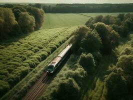 un aereo Visualizza di un' treno passaggio attraverso un' lussureggiante campagna generativo ai foto