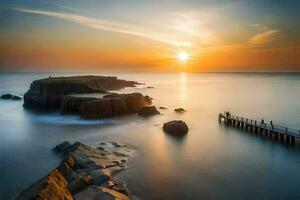 il sole sorge al di sopra di il oceano e molo. ai-generato foto