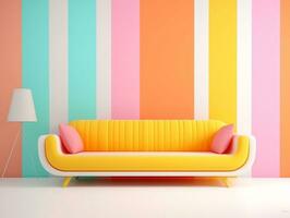 pastello multicolore vivace Groovy retrò a strisce sfondo parete telaio con luminosa divano interno casa design generativo ai foto