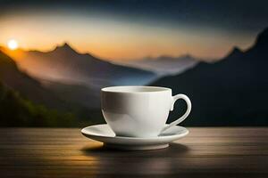 un' tazza di caffè su un' tavolo nel davanti di un' montagna. ai-generato foto