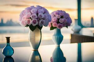 Due vasi con rosa Rose su un' tavolo. ai-generato foto