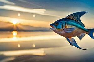 un' pesce è volante al di sopra di il acqua a tramonto. ai-generato foto