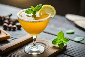 un' cocktail con Limone e menta su un' di legno tavolo. ai-generato foto