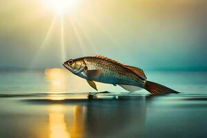 un' pesce è salto su di il acqua a tramonto. ai-generato foto