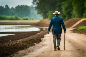 un' uomo nel un' blu completo da uomo e cappello a piedi giù un' sporco strada. ai-generato foto