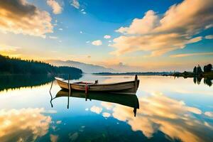 un' barca è seduta su il acqua a tramonto. ai-generato foto
